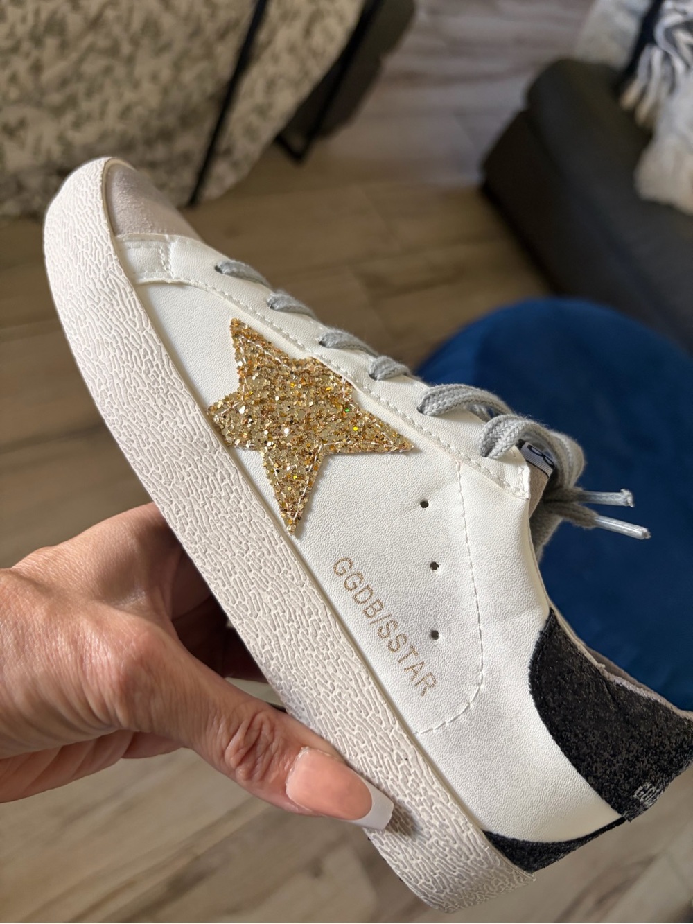 White Leather Athletic Sneaker with Gold Glitter Star